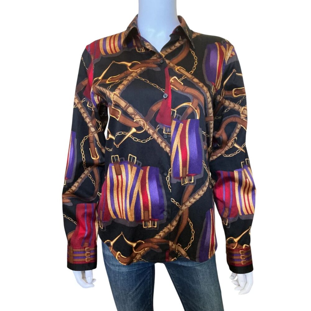 VTG Ralph Lauren Wmns Equestrian Chain Belt Print Button Up Shirt sz M Old Money